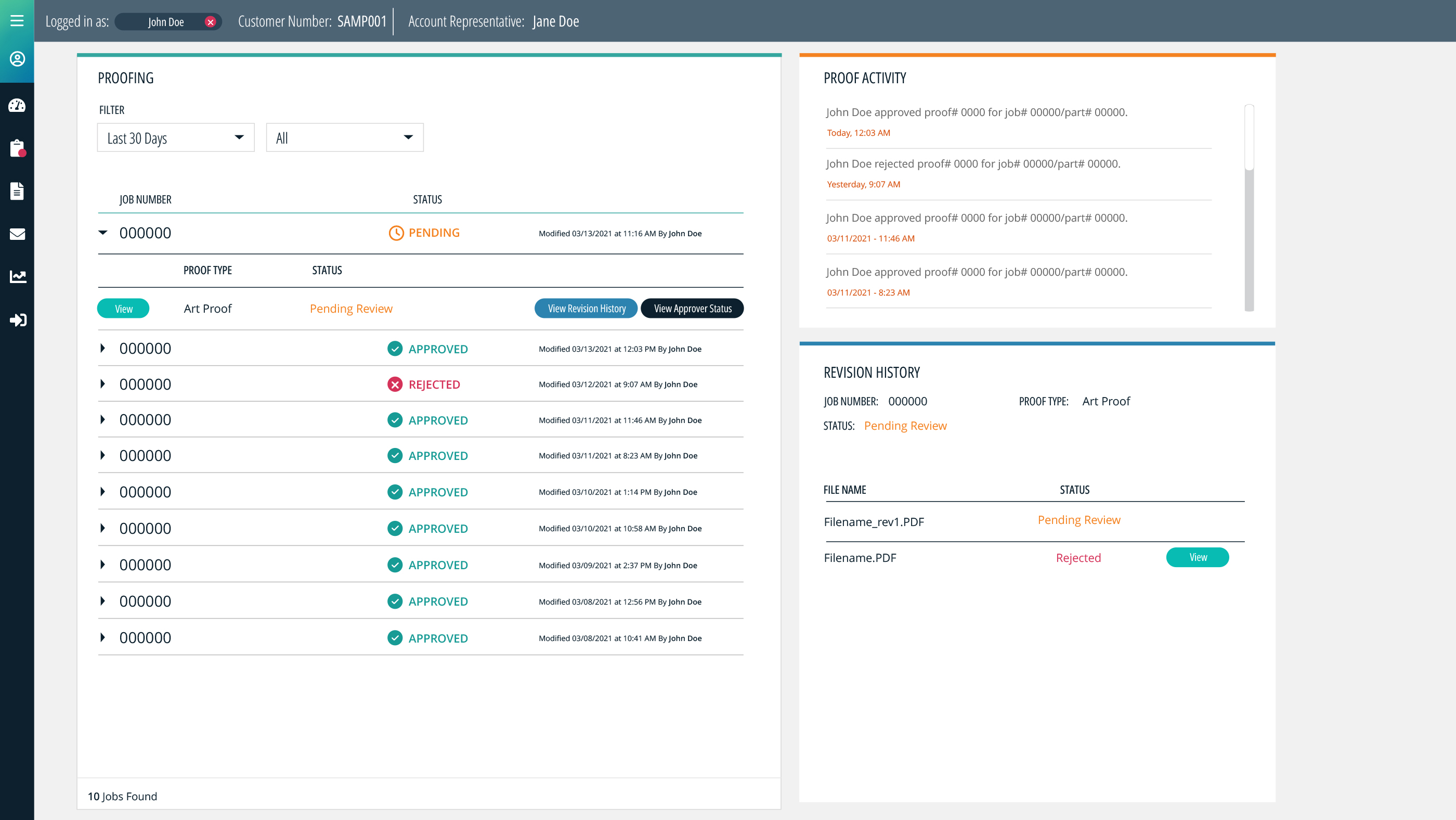 Client portal proofing dashboard with proof activity and revision history. Information has been modified to protect customer identity.