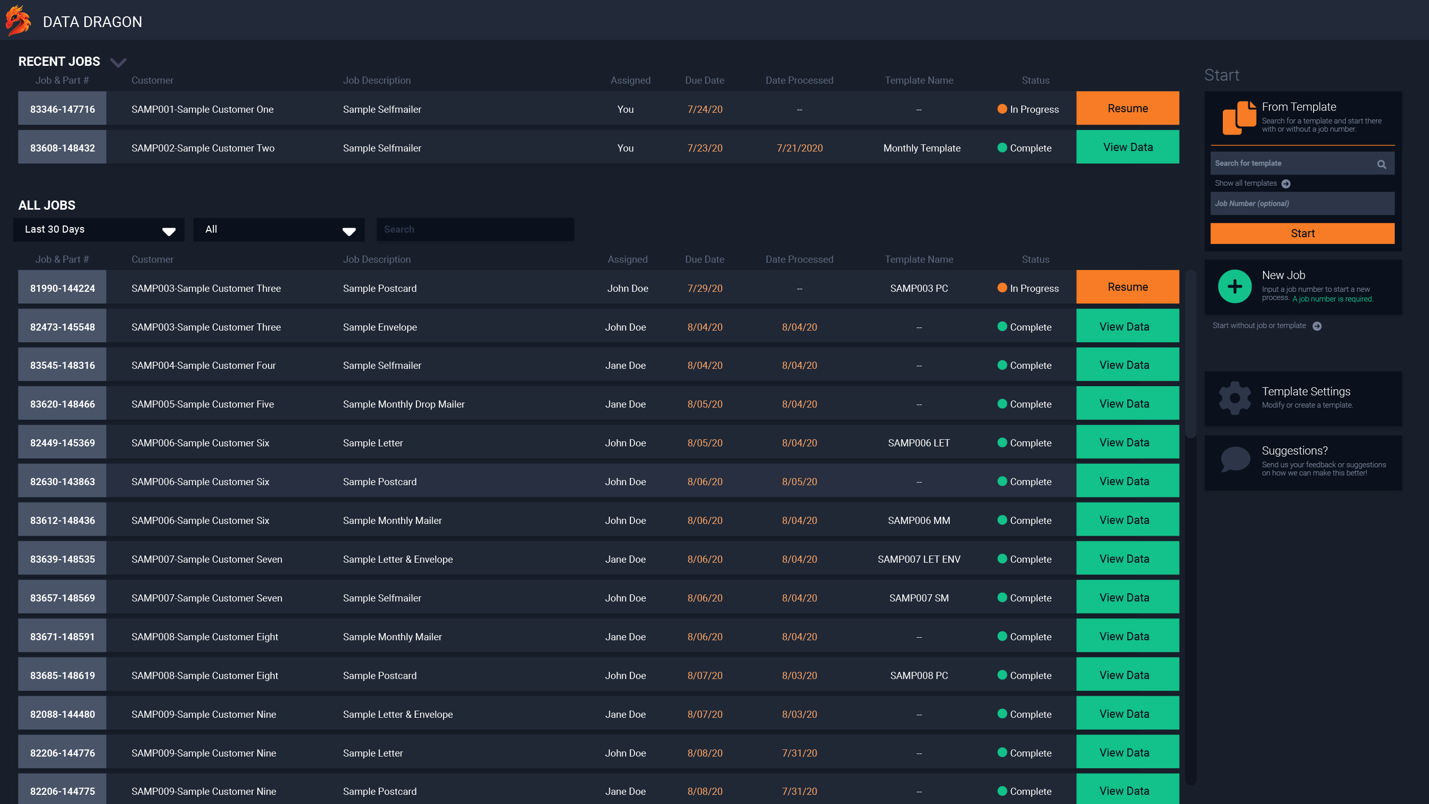 Data Dragon dashboard with high contrasting colors. Information has been modified to protect customer identity.