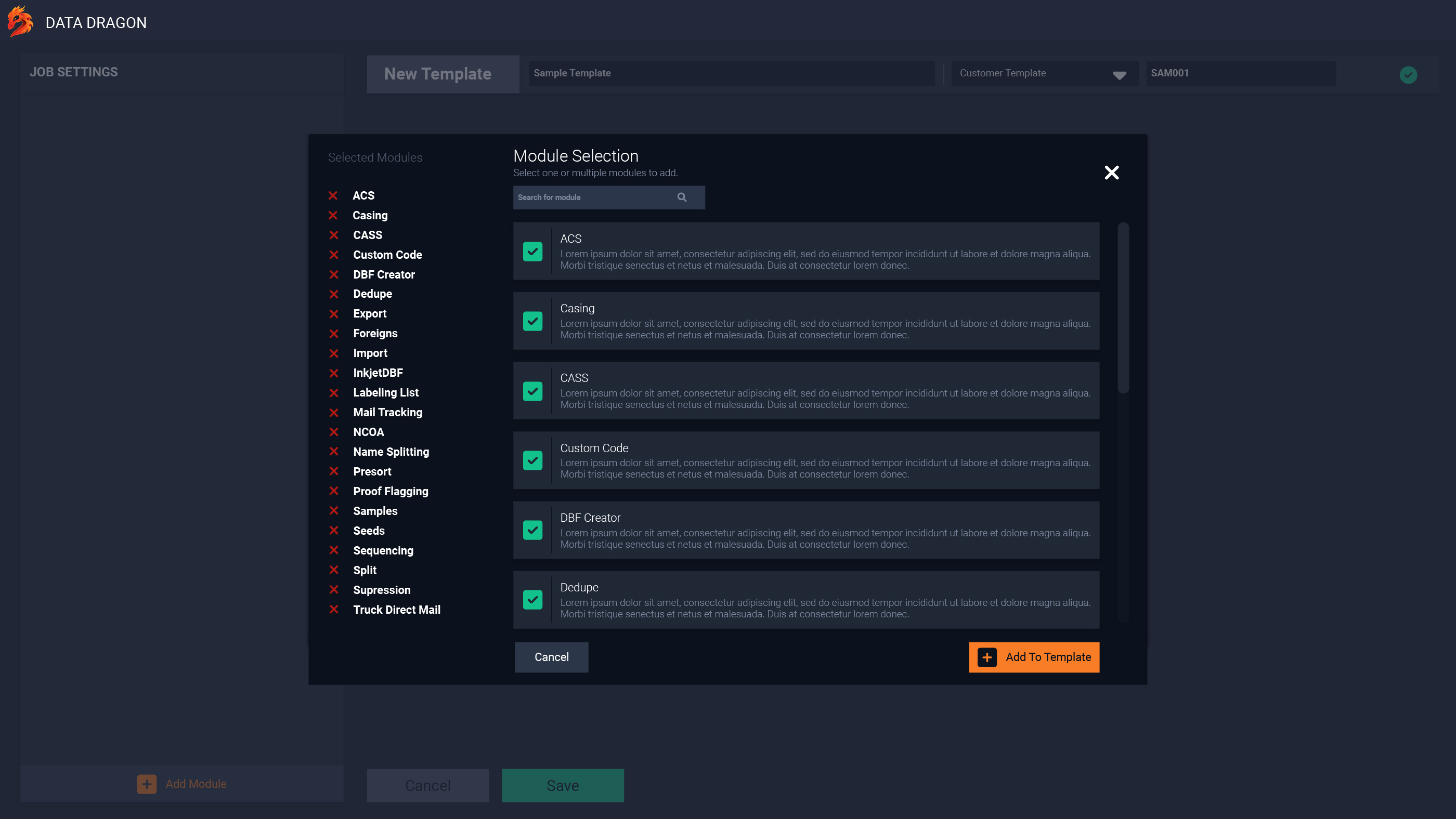 Data Dragon module selection with each process designed as a separate entity. Information has been modified to protect customer identity.