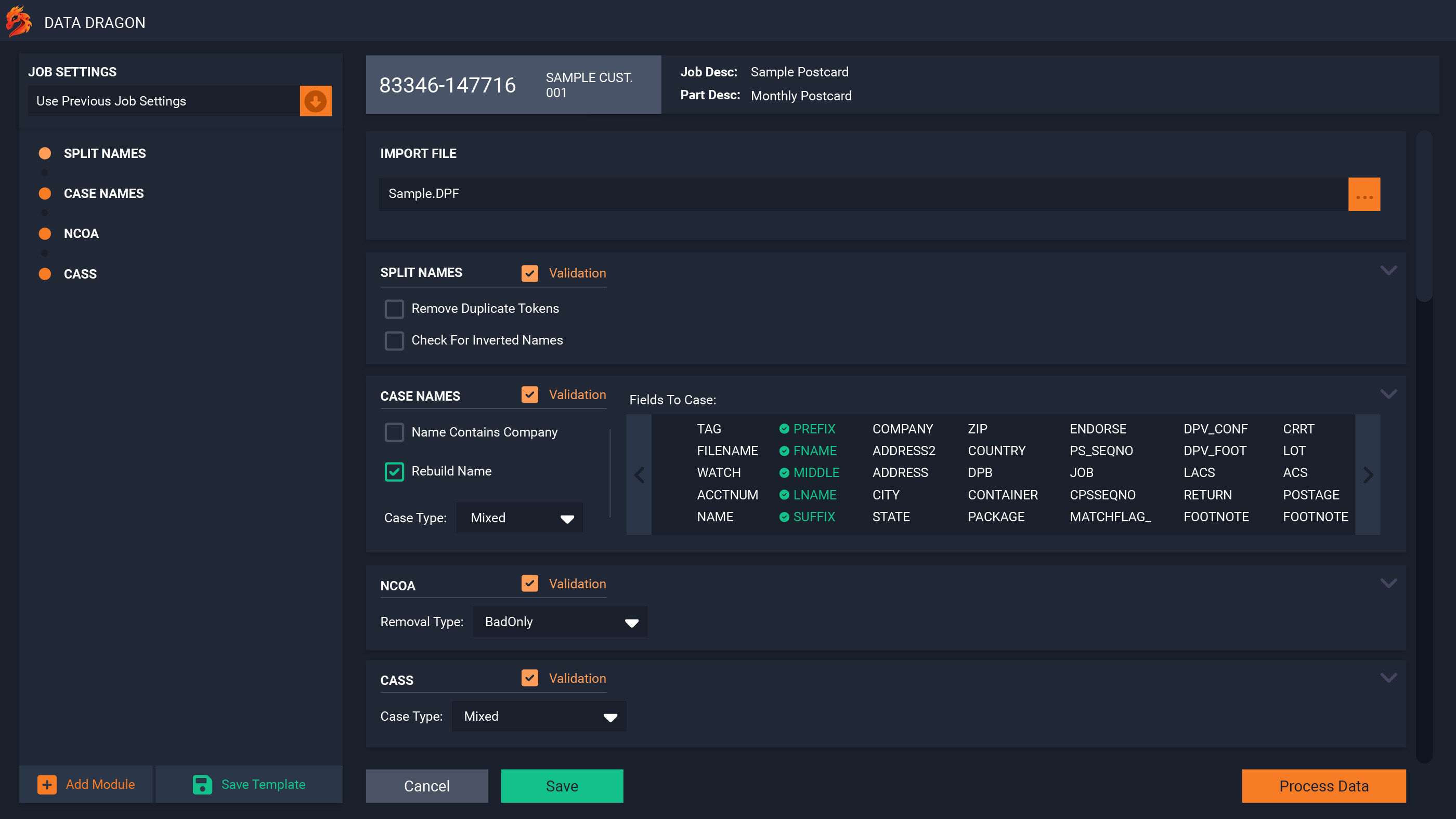 Data Dragon template components with options selected. Information has been modified to protect customer identity.