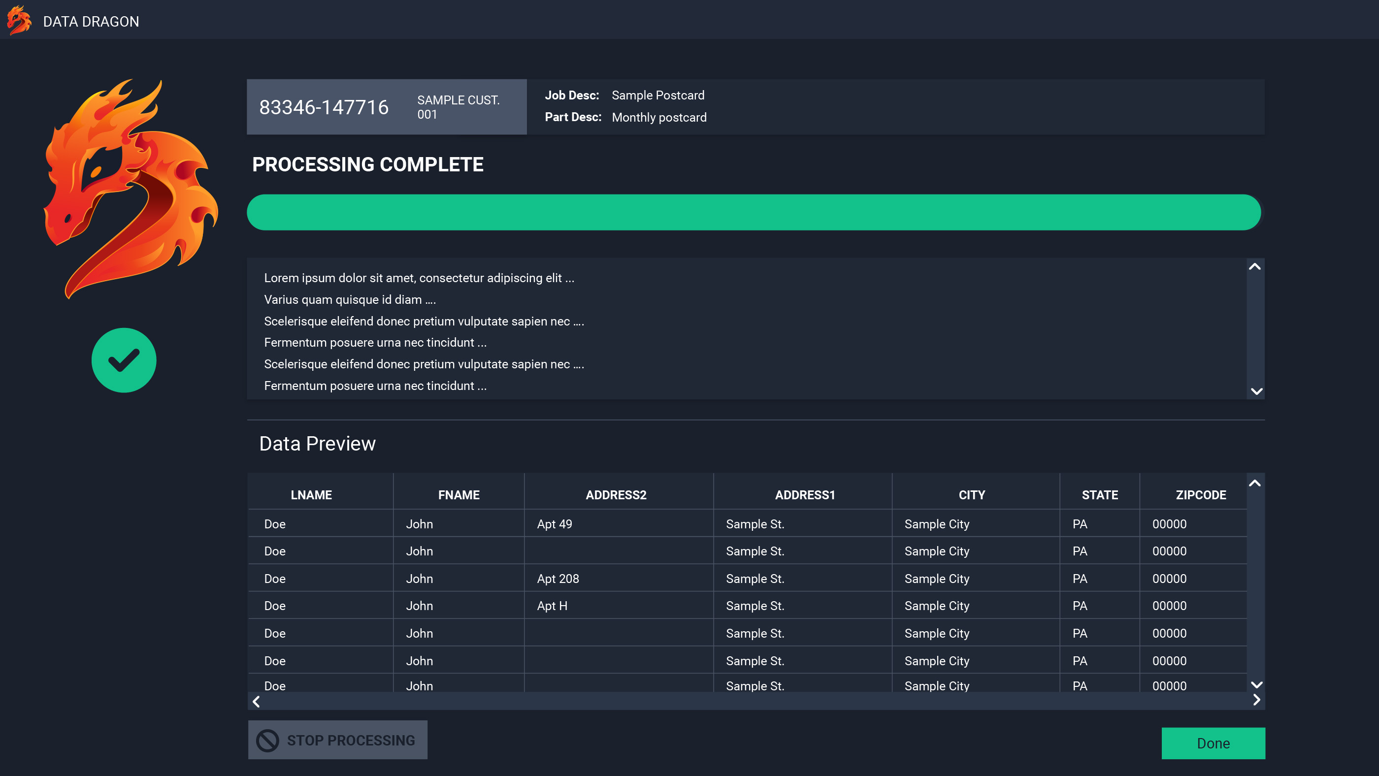 Data Dragon template components with options selected. Information has been modified to protect customer identity.