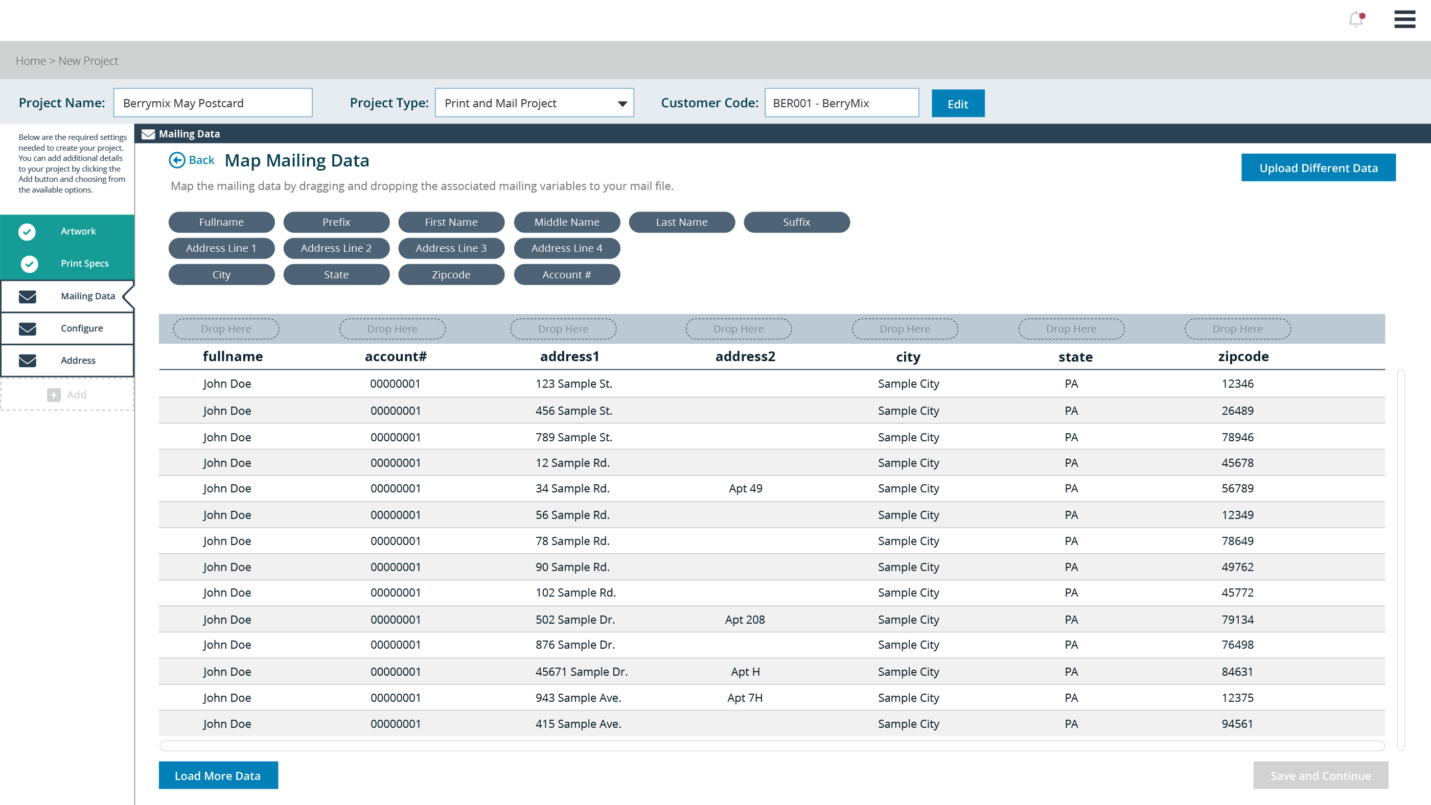 Web-to-print mail data mapping with system variables. Information has been modified to protect customer identity.