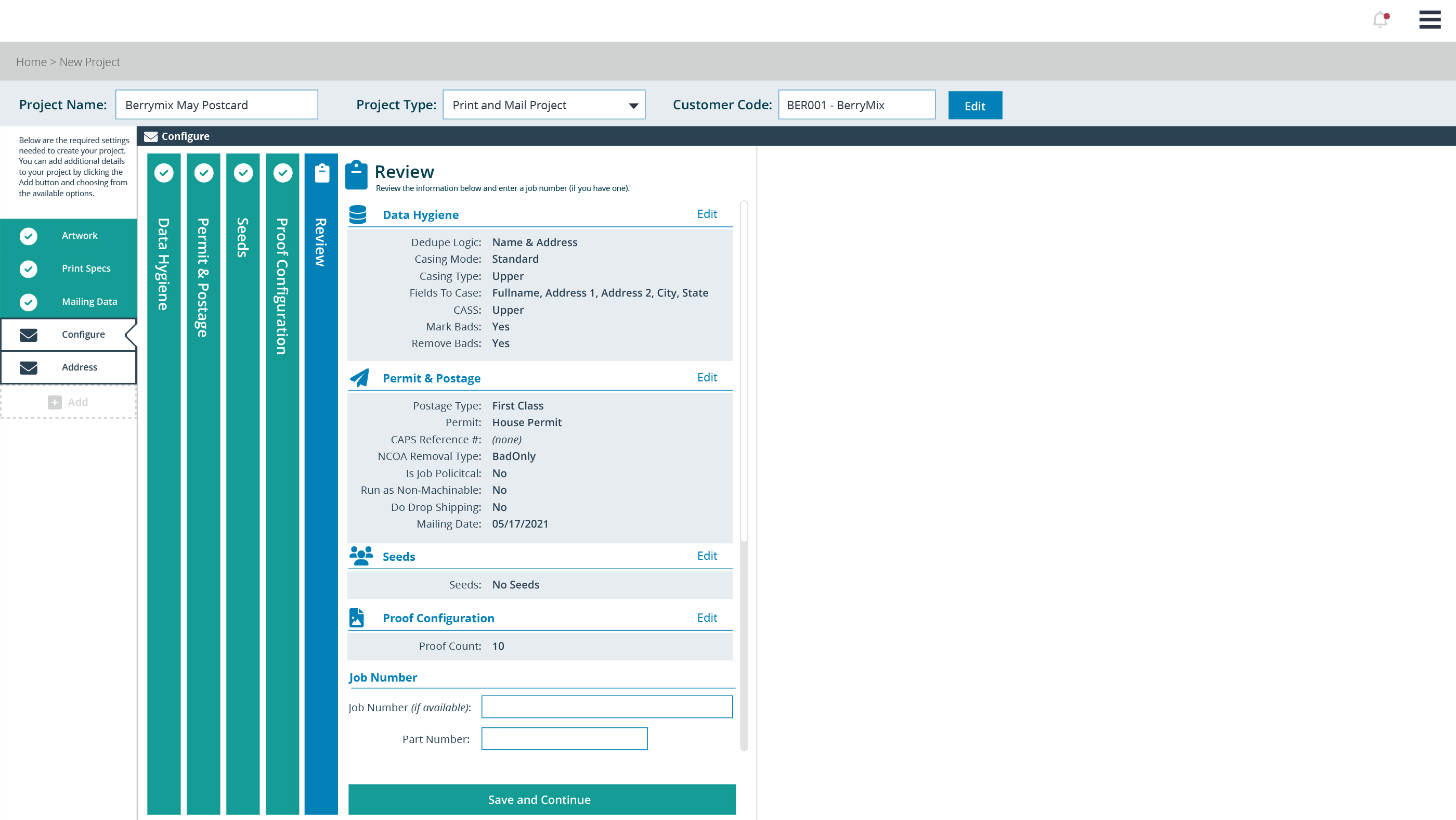 Web-to-print mail configuration review. Information has been modified to protect customer identity.