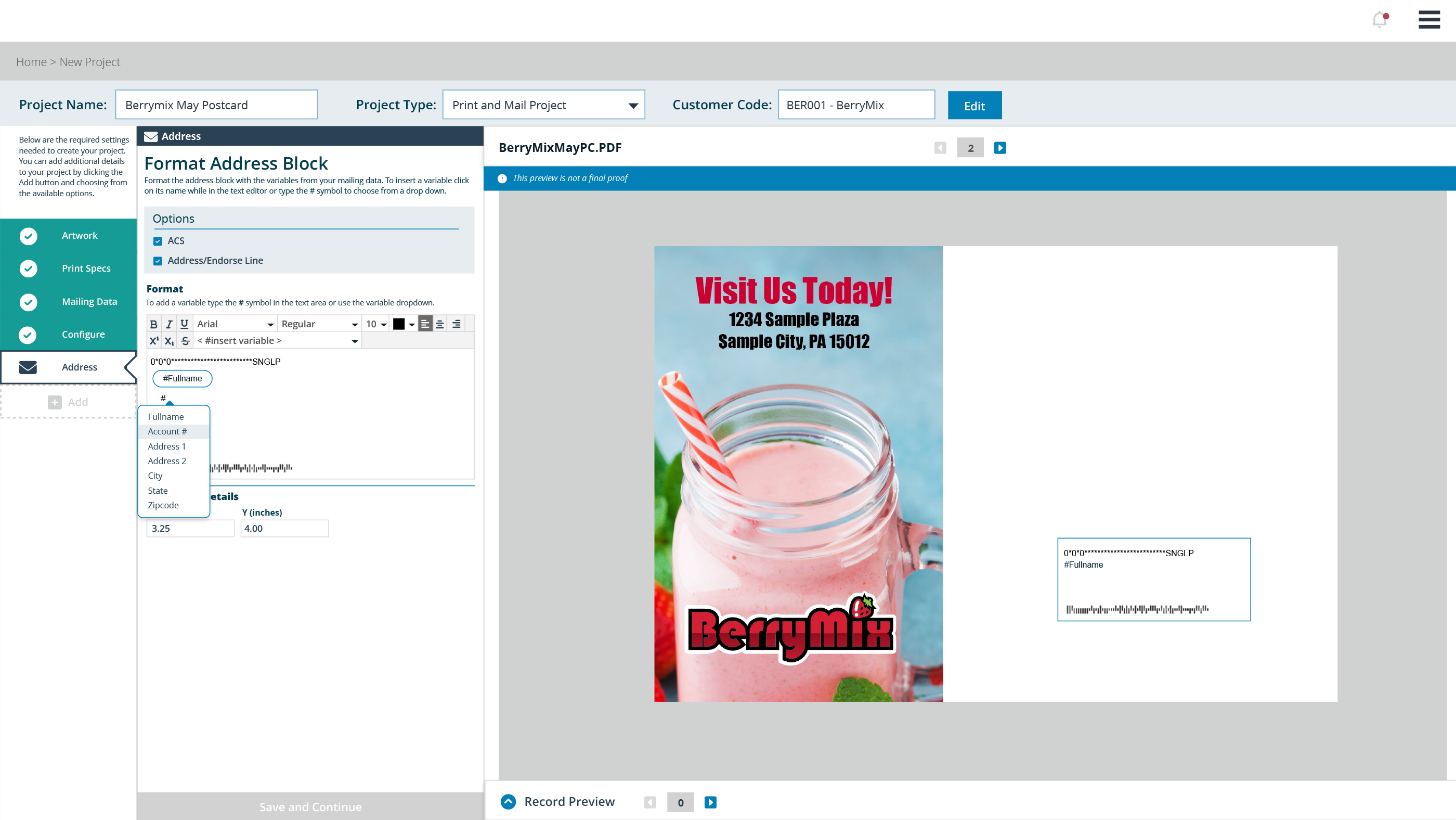 Web-to-print address block format illustrating variables inside the editor. Information has been modified to protect customer identity.